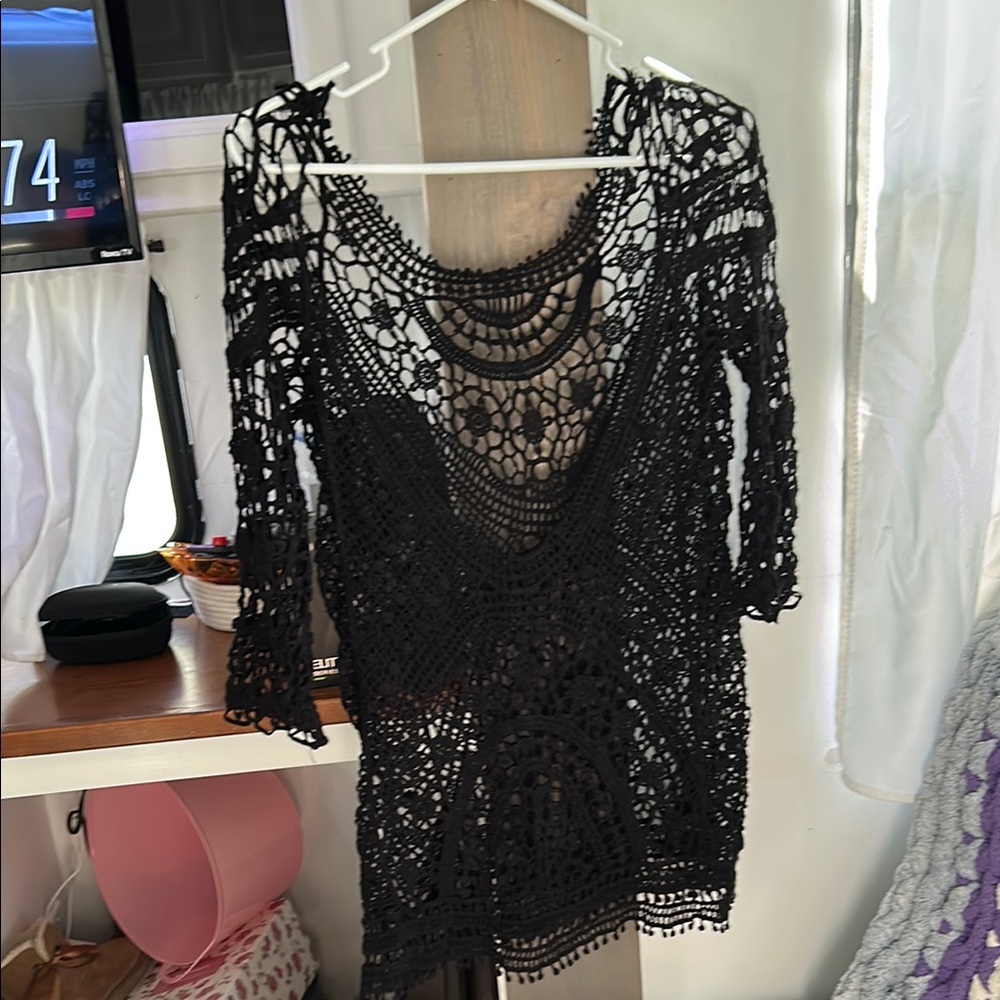 Elegant Black Crochet Swim Cover-Up